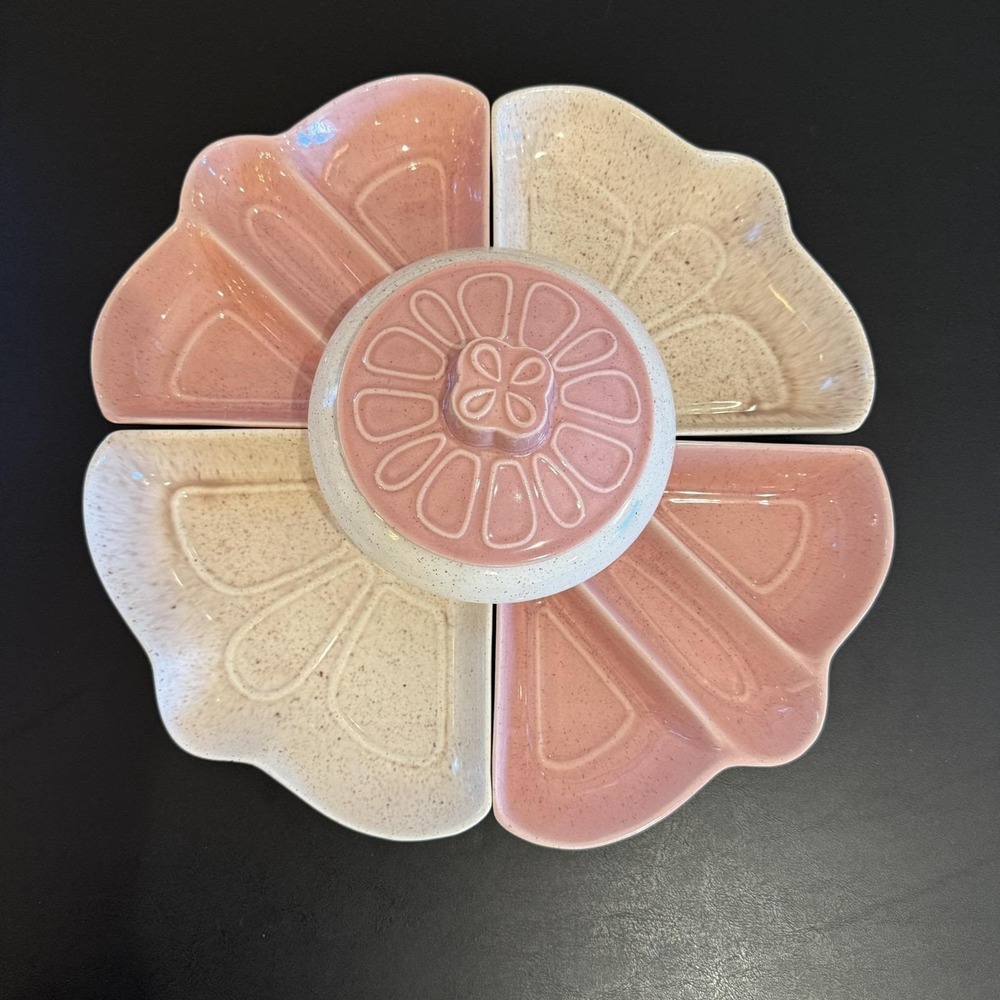 Vintage 1960s California Pottery 6 Piece Ceramic Lazy Susan L42 Pink and Cream